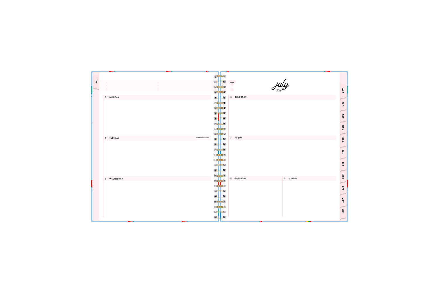 Fun and colorful 2023-2024 academic planner featuring a weekly spread with blank white space for note taking and pink monthly tabs academic planner