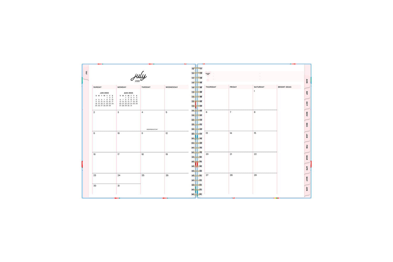 Monthly spread view for July 2023 - June 2024 featuring boxes for each day and note taking academic planner