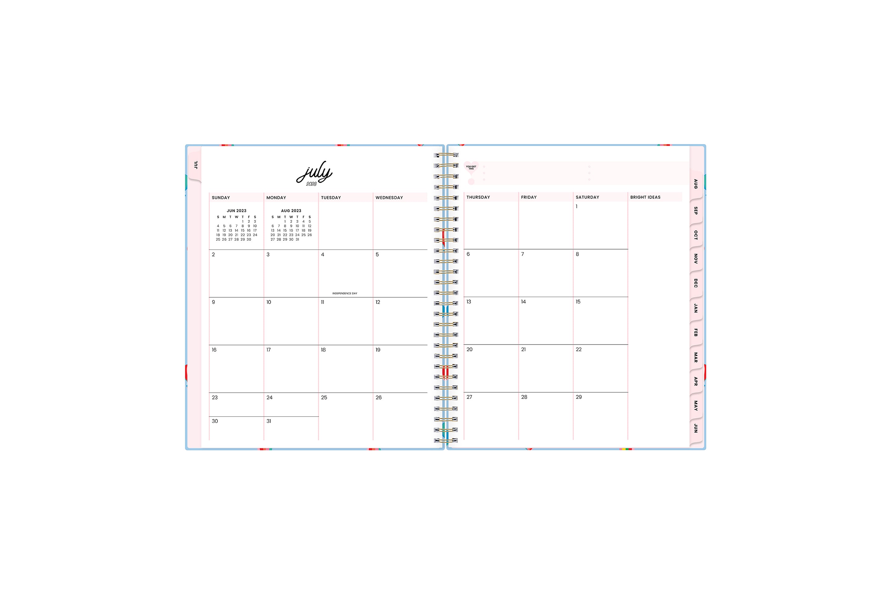 Monthly spread view for July 2023 - June 2024 featuring boxes for each day and note taking academic planner