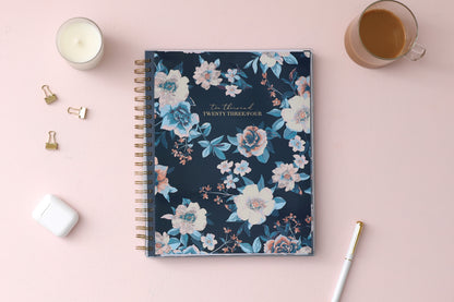 Life Note It Planner notes with beautiful white florals with shades of blue pedal leaves for 2023-2024 8.5x11 size
