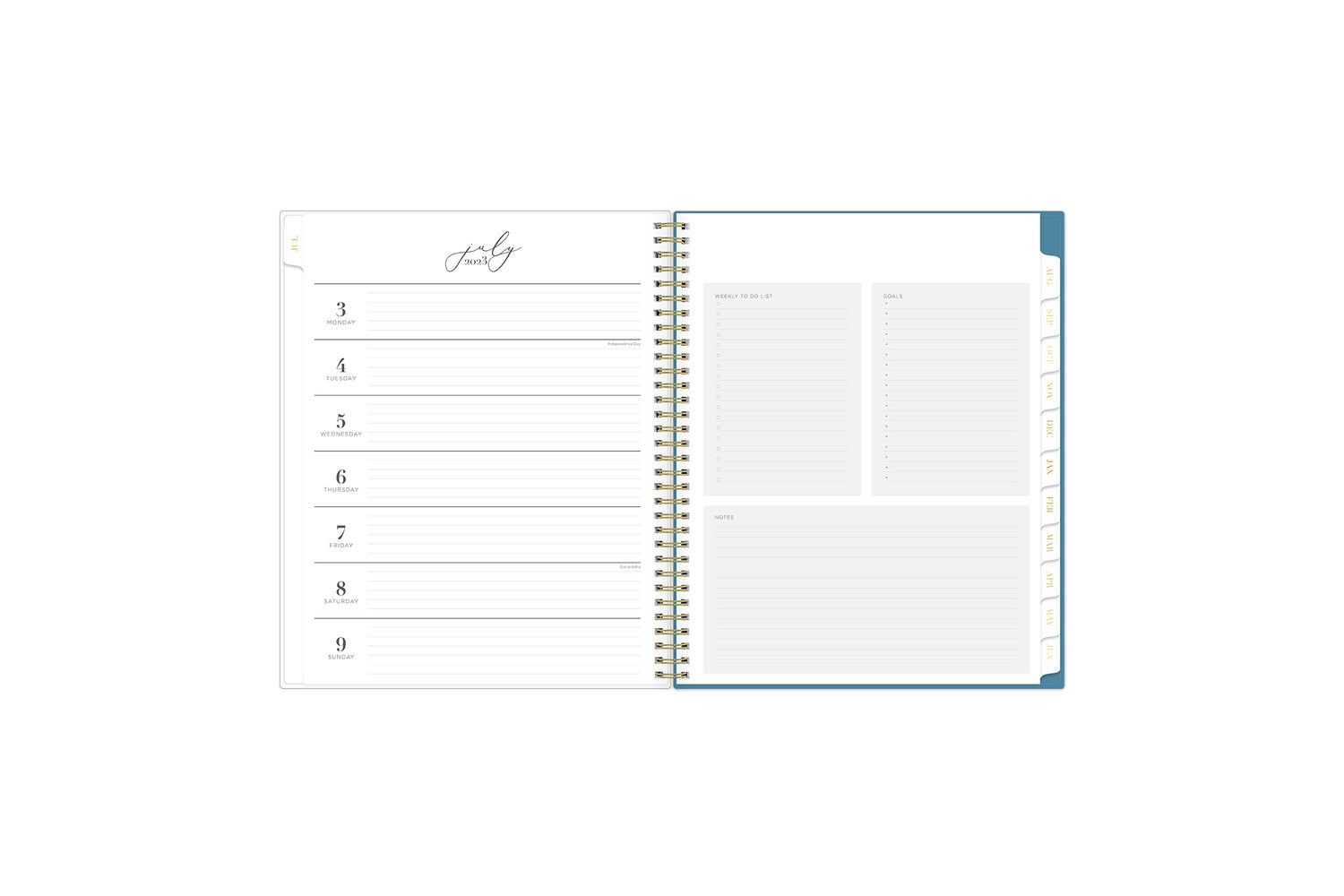 Weekly view offers weekly schedule on left side with lined notes and bullet points and checkboxes on right side