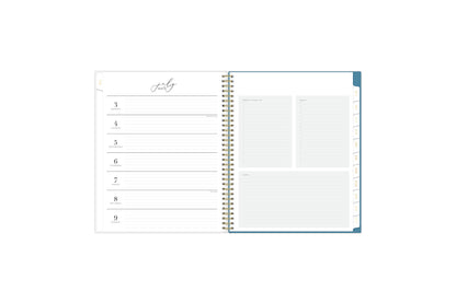 Weekly view offers weekly schedule on left side with lined notes and bullet points and checkboxes on right side