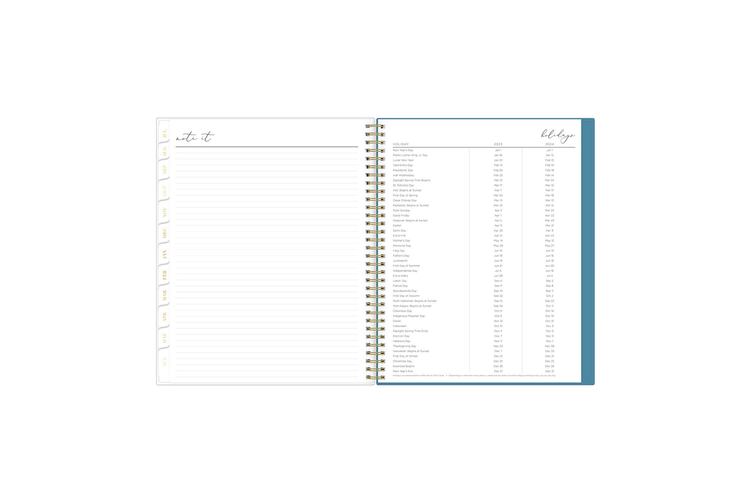 Lined notes pages on the 2023-2024 weekly monthly planner for July to June