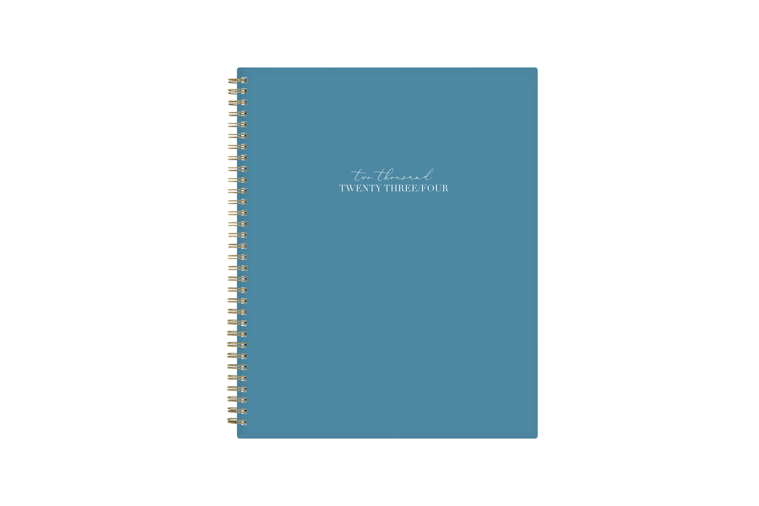 Solid oxford blue front cover with 2023 spelt out, gold twin wire o  binding in 8.5x11 planner size