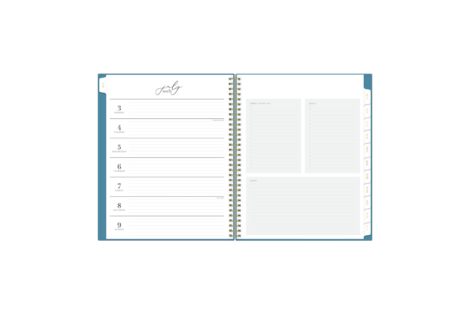 Weekly view offers weekly schedule on left side with lined notes and bullet points and checkboxes on right side