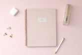 soft matte pink background, starts and moons 2023-2024 academic planner gold wire-o binding 8.5x11 size