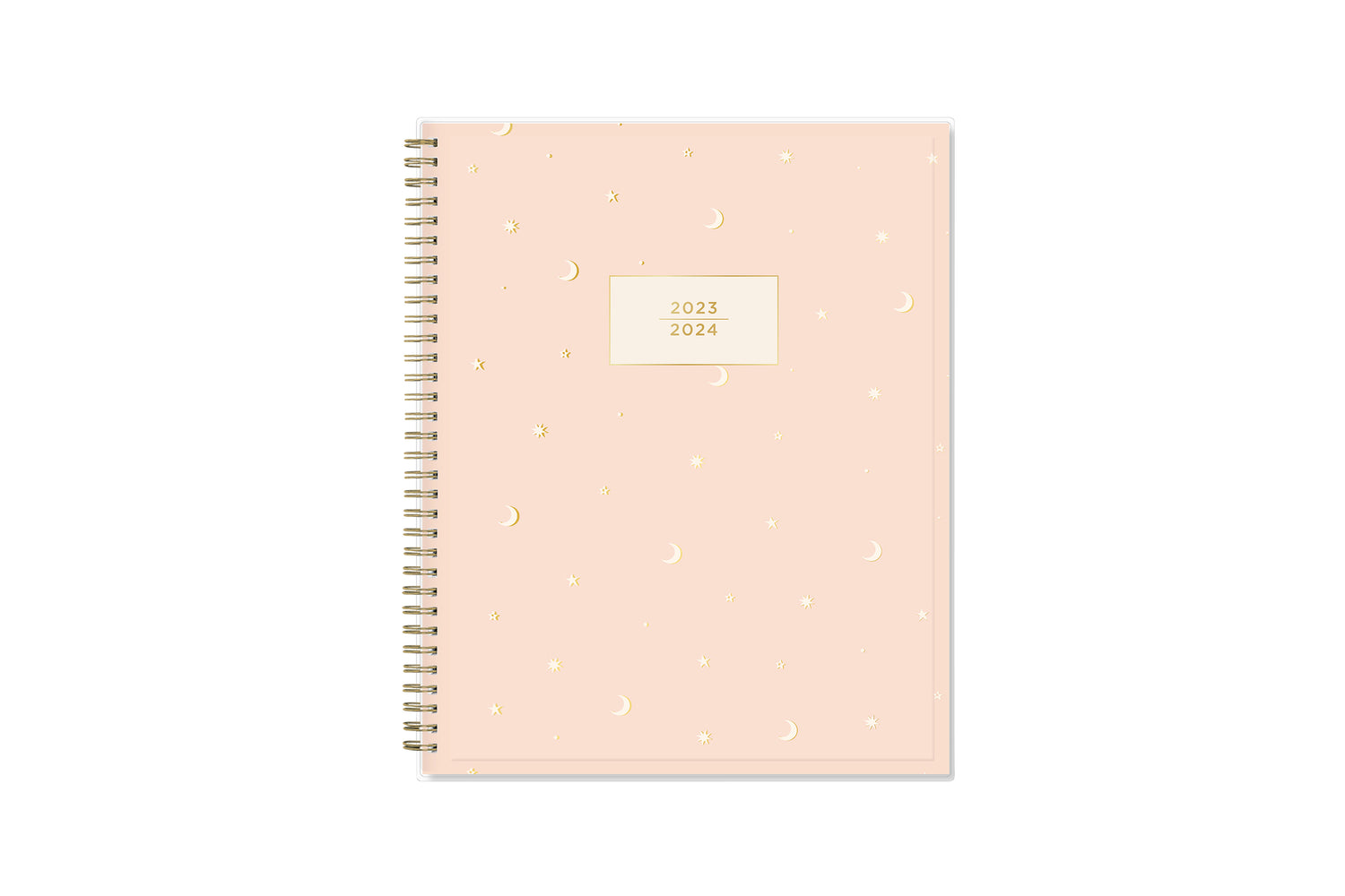 soft matte pink background, starts and moons 2023-2024 academic planner gold wire-o binding 8.5x11  size