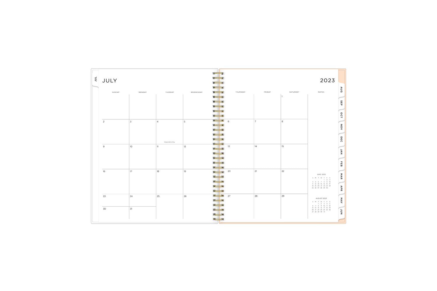 2023-2024 weekly and monthly academic planner featuring a monthly spread with clean writing space, a notes section, reference calendars, and white monthly tabs in 8.5x11 size