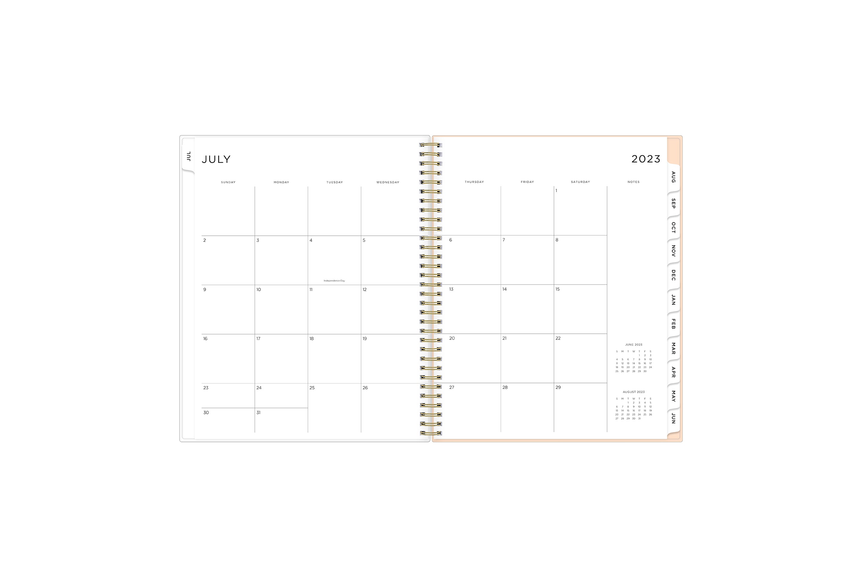 2023-2024 weekly and monthly academic planner featuring a monthly spread with clean writing space, a notes section, reference calendars, and white monthly tabs in 8.5x11 size