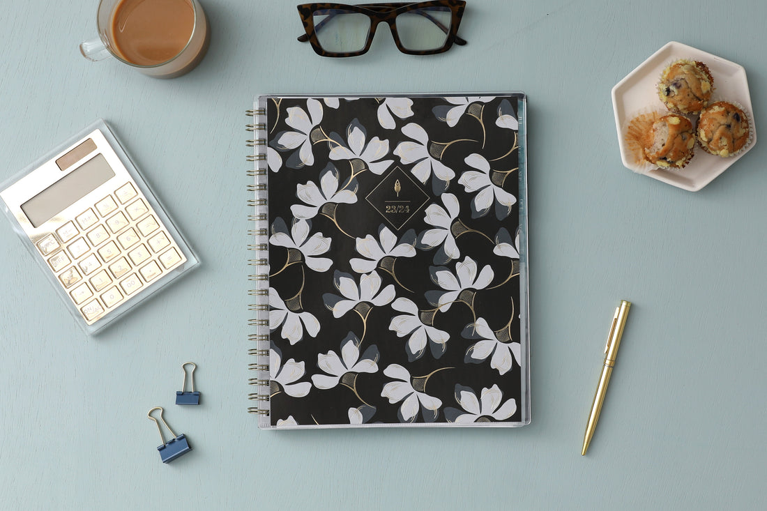 inkwellpress floral front cover with charcoal background 23/24 printed academic planner gold twin wire o