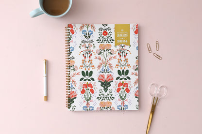 clean floral pattern front cover 2023-2024 academic planner, day designer, gold wire o binding