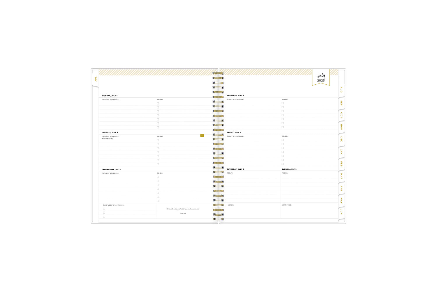 2023-2024 academic weekly monthly planner featuring a weekly spread grid lined notes, to-do list, goals, mint tabs, and reference calendars in 8.5x11 planner size