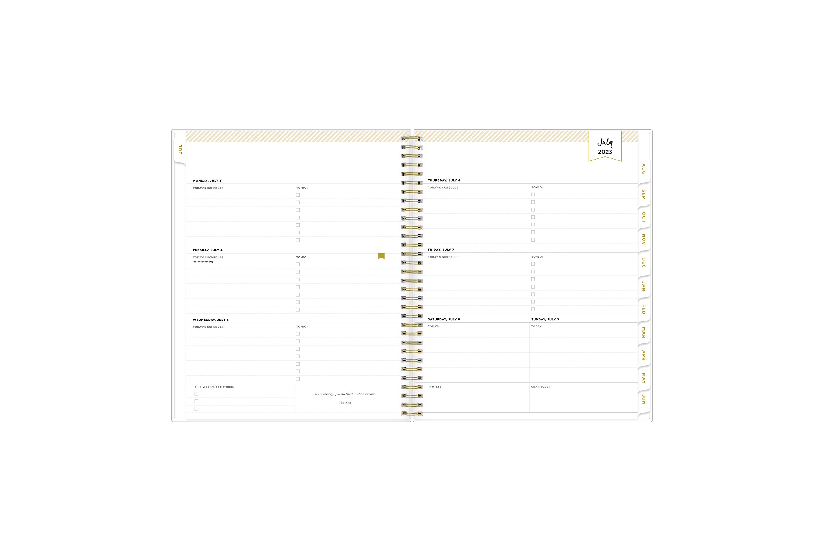 2023-2024 academic weekly monthly planner featuring a weekly spread grid lined notes, to-do list, goals, mint tabs, and reference calendars in 8.5x11 planner size