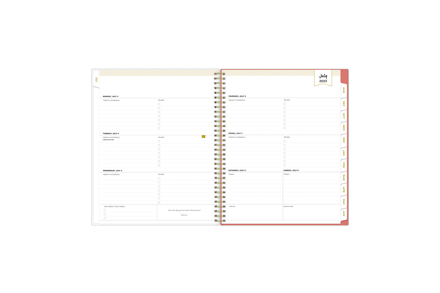 2023-2024 weekly and monthly planner featuring a weekly spread with notes section, to-do list, and rainbow colored tabs in 5x8 planner size