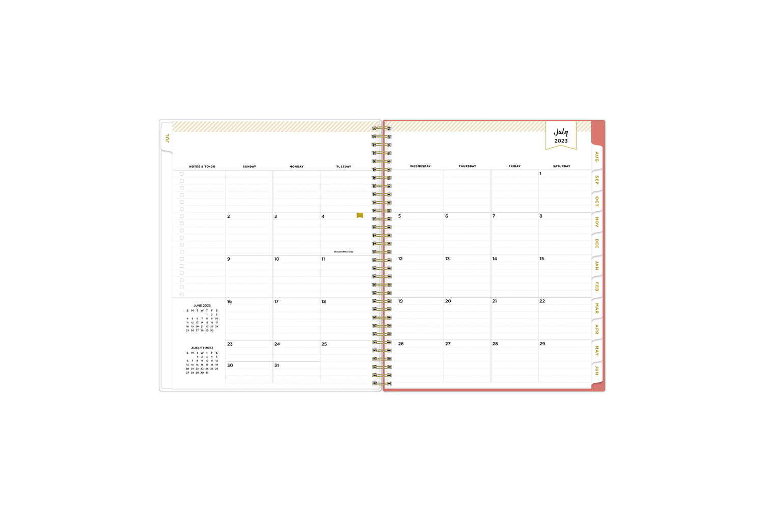 Weekly monthly 8.5x11 academic planner monthly spread featuring rainbow tabs, notes section with to-do list