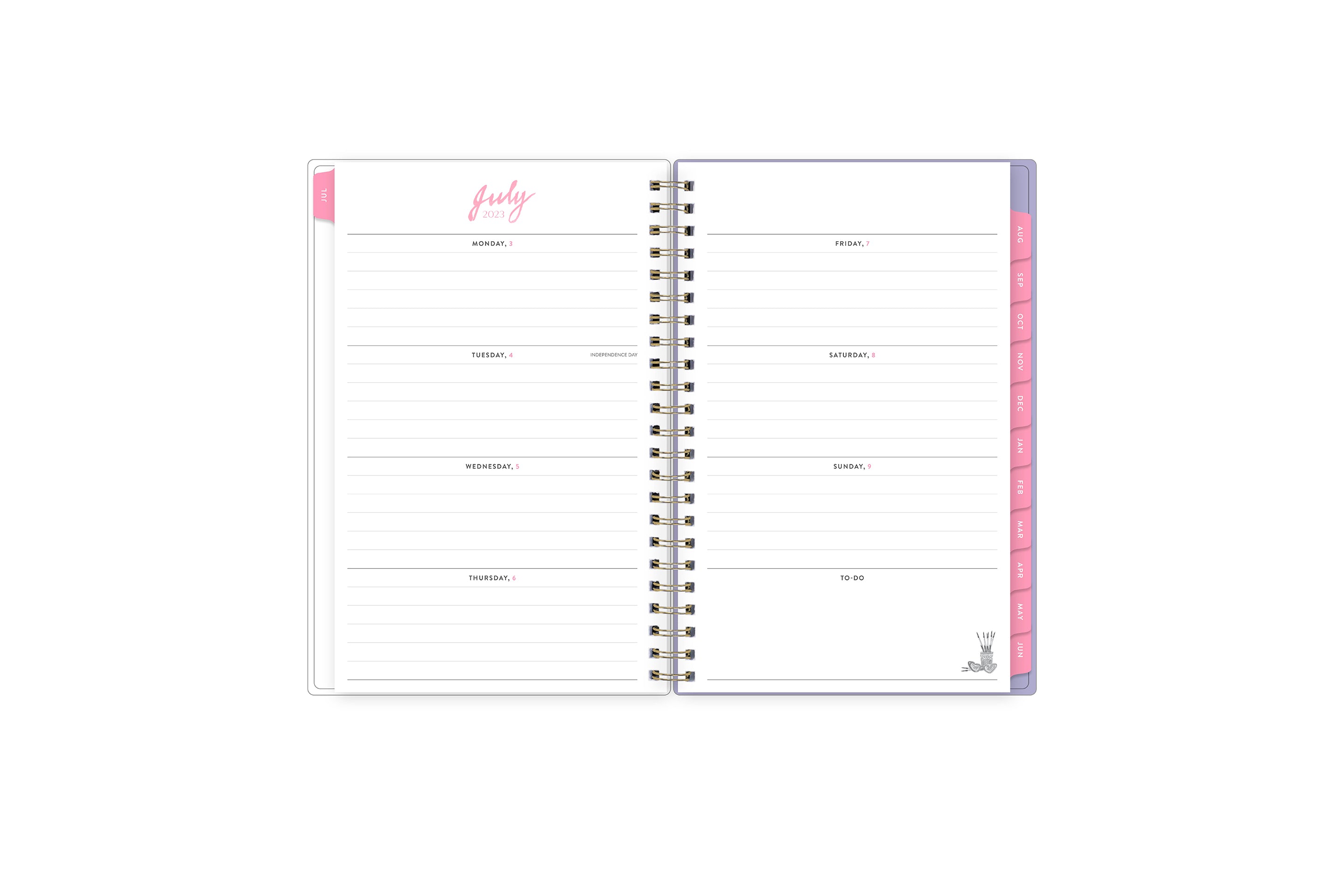 July 2023 - June 2024 weekly spread with clean lined writing space, pink monthly tabs