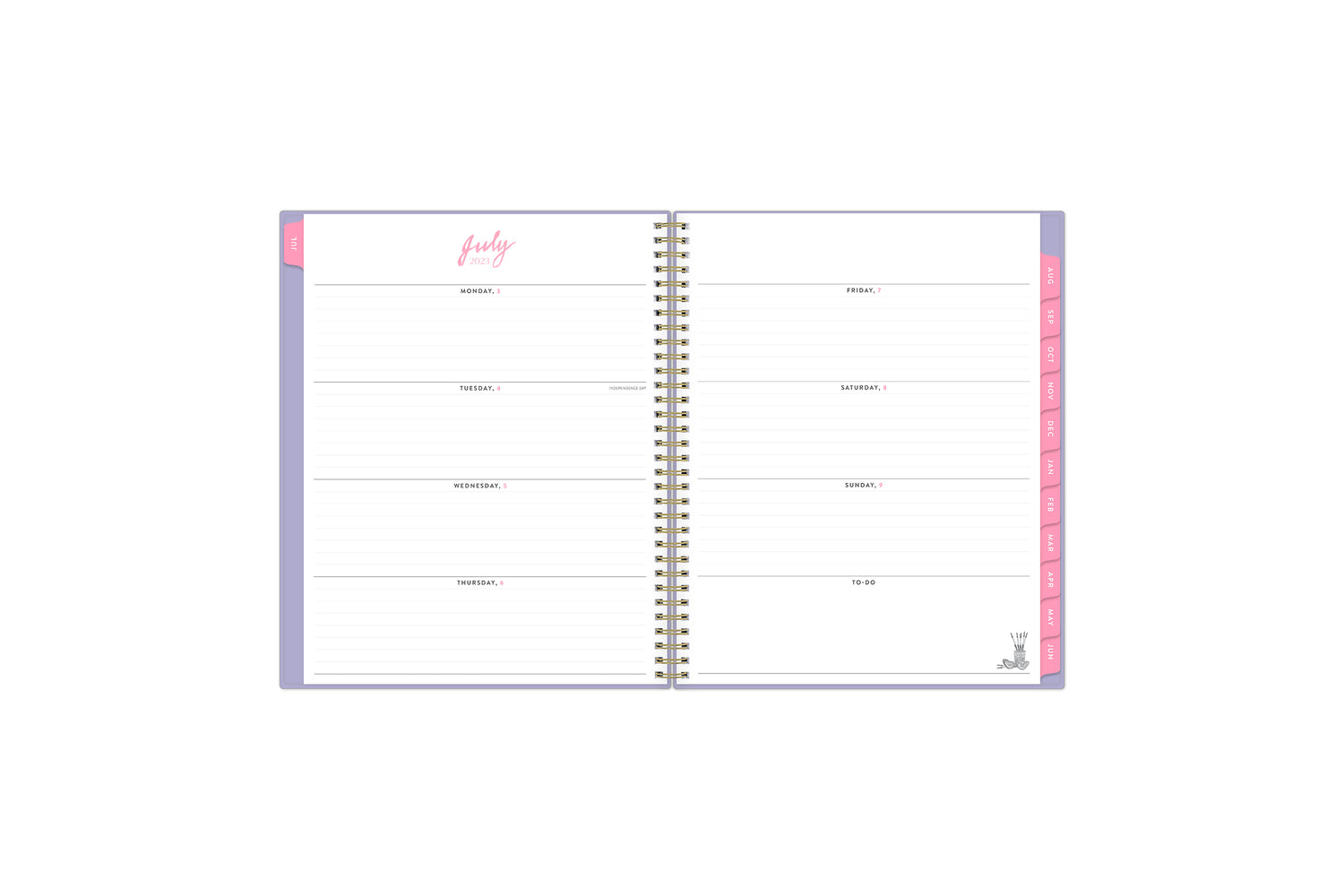 weekly spread featuring lined wwriting space, pink monthly tabs