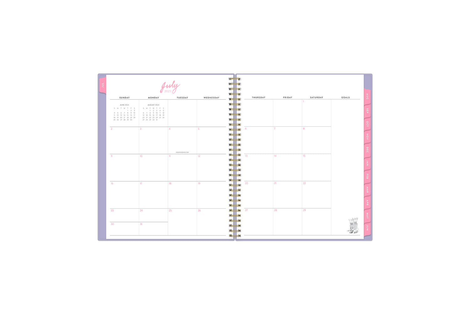 July 2023 - June 2024 dated monthly planner spread featuring blank writing space for each day, goals section, and pink monthly tabs