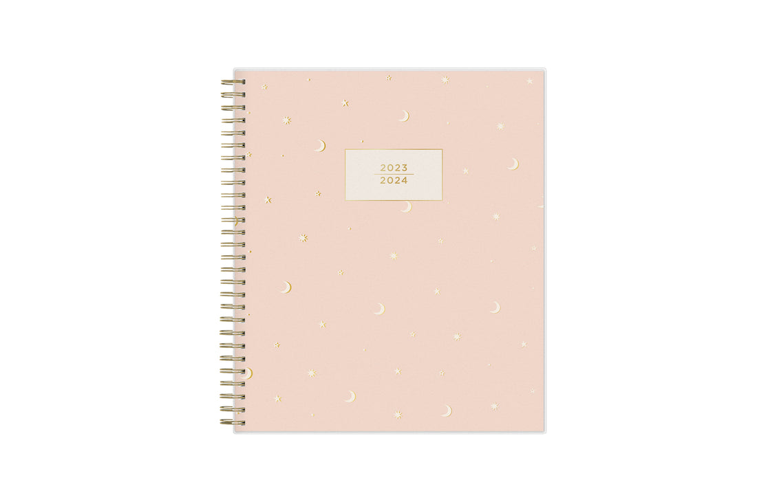 soft matte pink background, starts and moons 2023-2024 academic planner gold wire-o binding 8x10 size