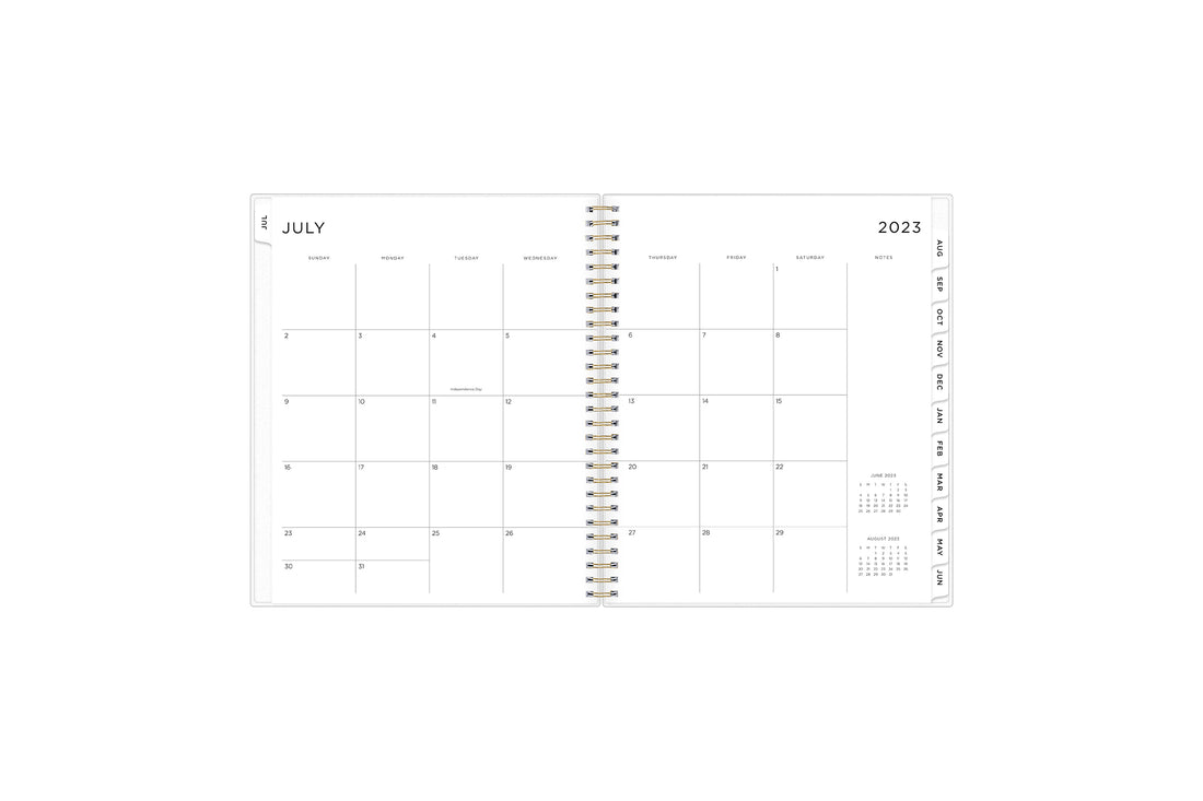 2023-2024 weekly and monthly academic planner featuring a monthly spread with clean writing space, a notes section, reference calendars, and white monthly tabs in 5x8 size