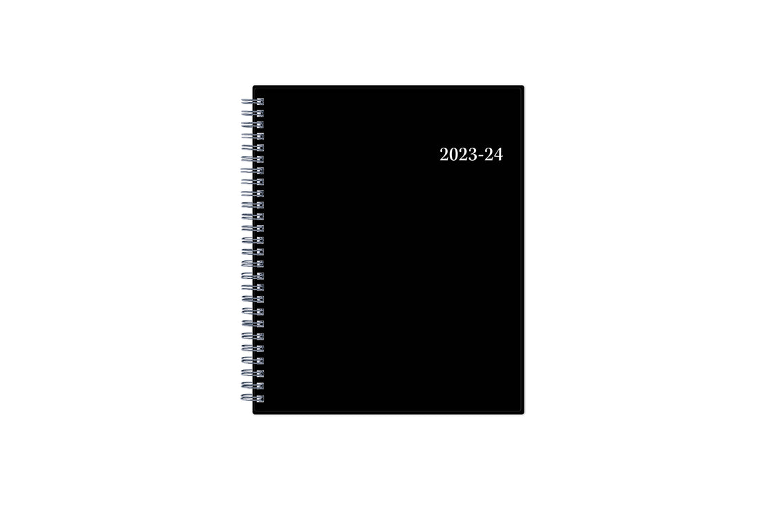 July 2023 - June 2024 weekly monthly academic planner featuring a solid black cover and silver twin wire-o binding 7x9 size