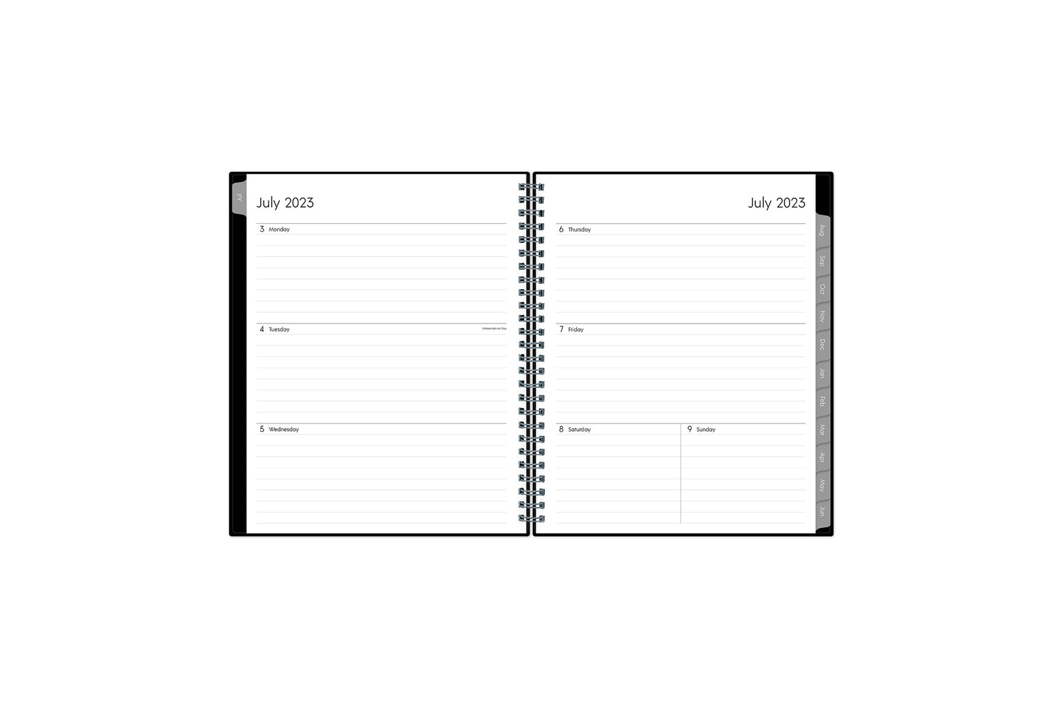 2023-2024 weekly monthly planner featuring a weekly spread with ample lined writing space and gray monthly tabs in a 7x9 planner size