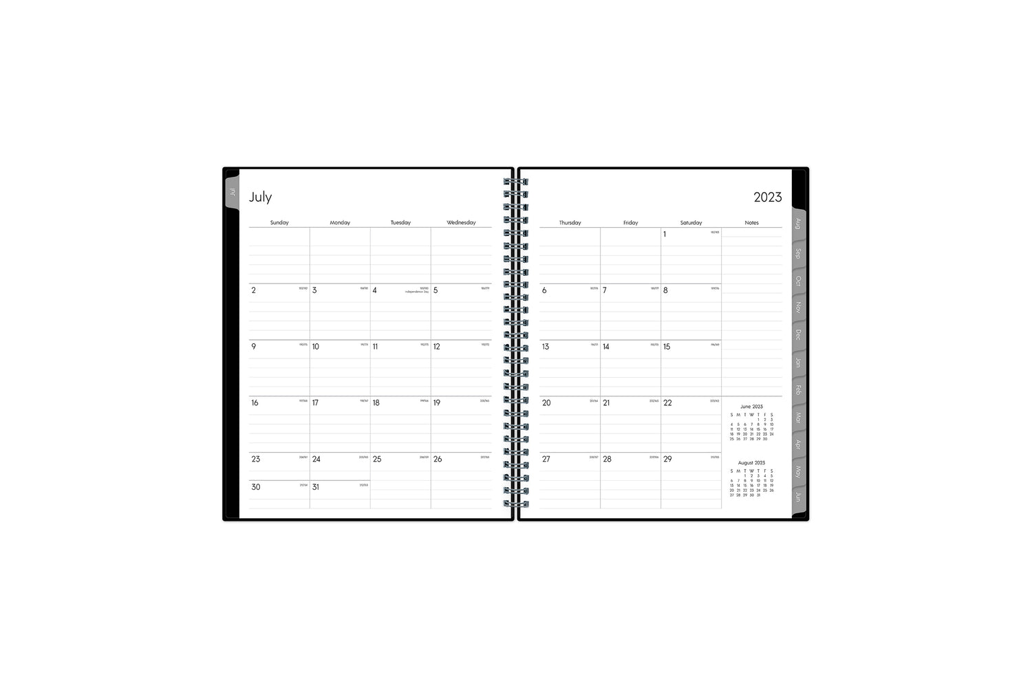 2023-2024 weekly monthly planner featuring a monthly spread with lined writing space, reference calendars, notes section, and gray monthly tabs in 7x9 planner size