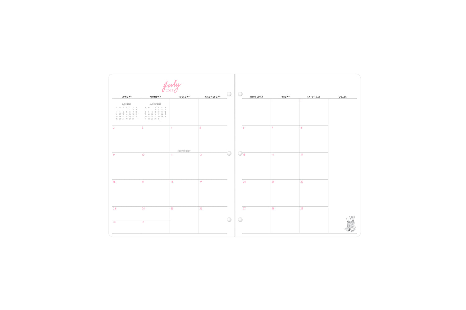 Monthly spread featuring blank writing space, goals section