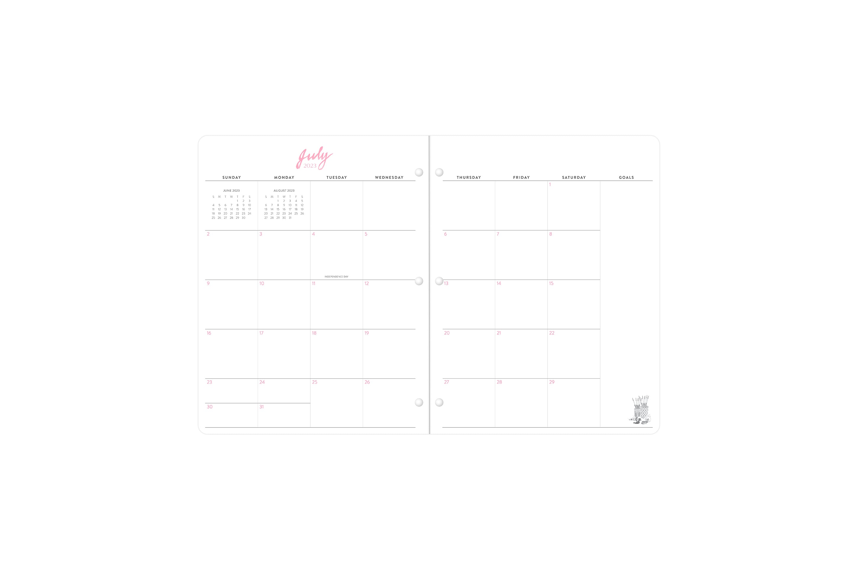 Monthly spread featuring blank writing space, goals section